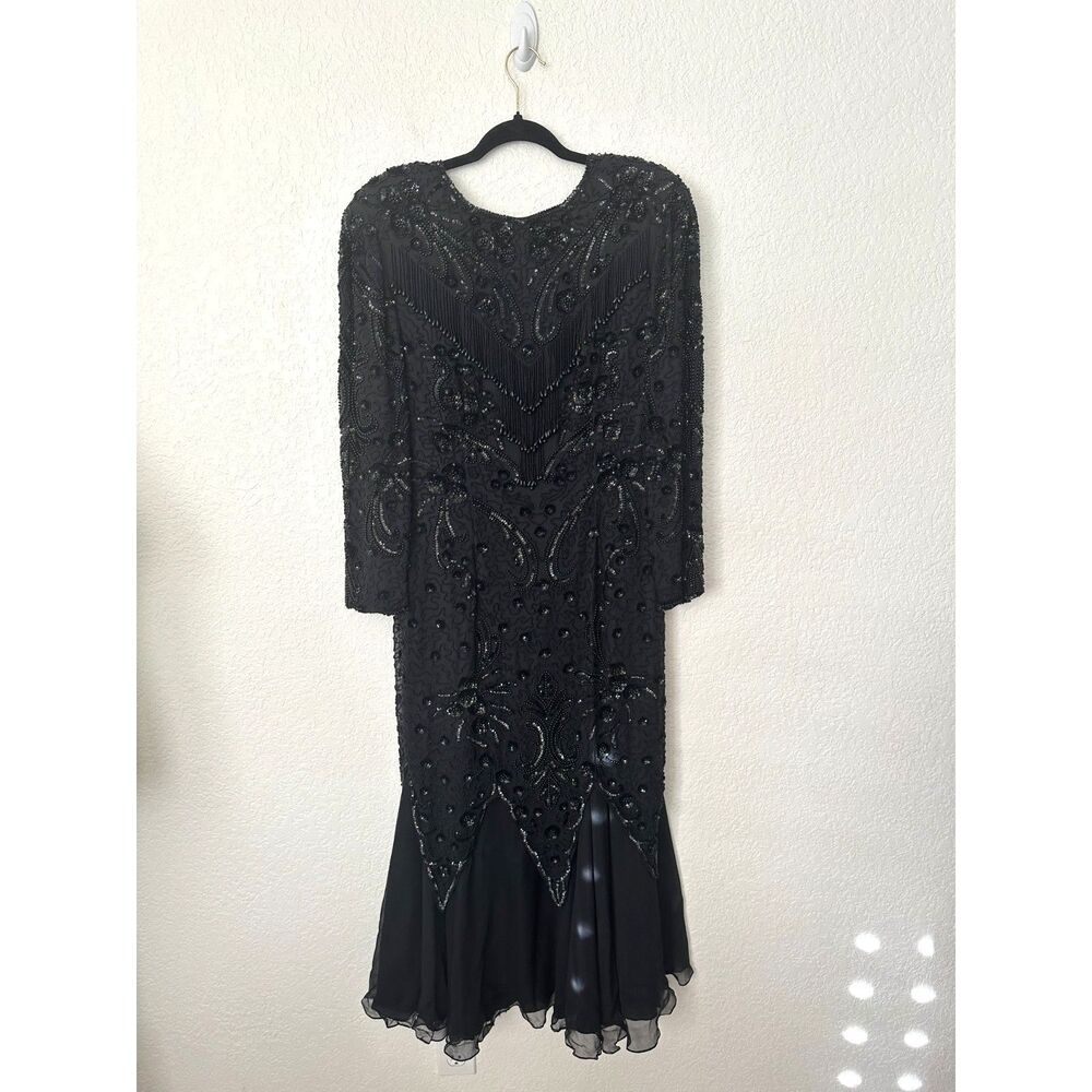 Oleg Cassini Vintage 70s/80s Silk Black Beaded Cocktail Dress 20s Style Flapper